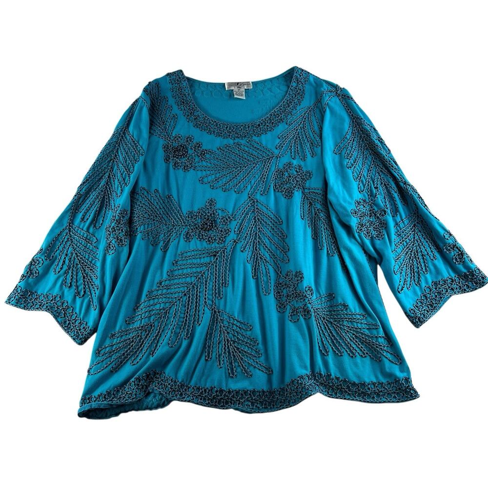 Vtg Once Again Plus 3X Teal Embroidered Top Scallop‎ Trim Artsy Boho Scoop Neck